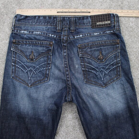 Affliction Cooper Relaxed Boot Jeans Mens 34 Blue Distressed Y2K w/ 30" inseam - Picture 7 of 15